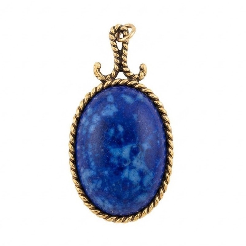 Vintage Gold Tone Lapis Lazuli Oval Pendant Rope Twist Scrollwork Blue Stone
